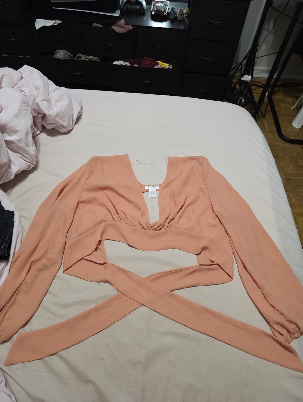 Revamped Peach Wrap-Front Long Sleeve Crop Top